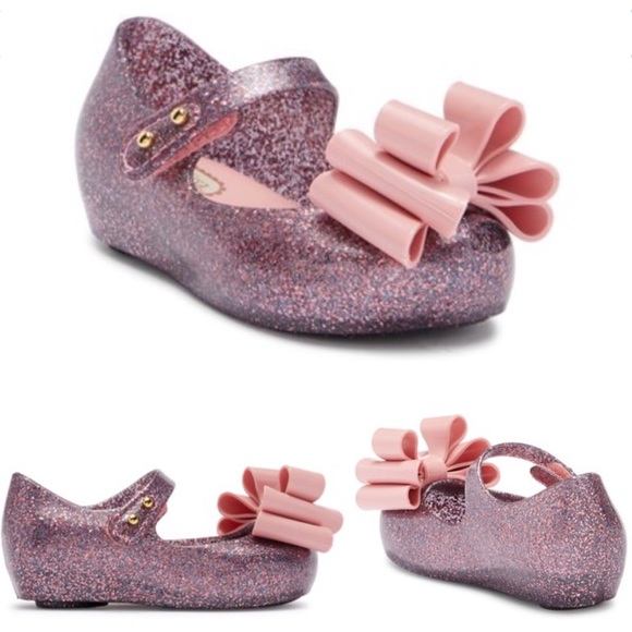 Mini Melissa Other - MINI MELISSA PINK GLITTER Bow Mary Jane Shoes Sz 6
